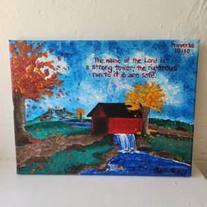 "Refuge" original art hand painted autumn scenery Bible Verse canvas decor